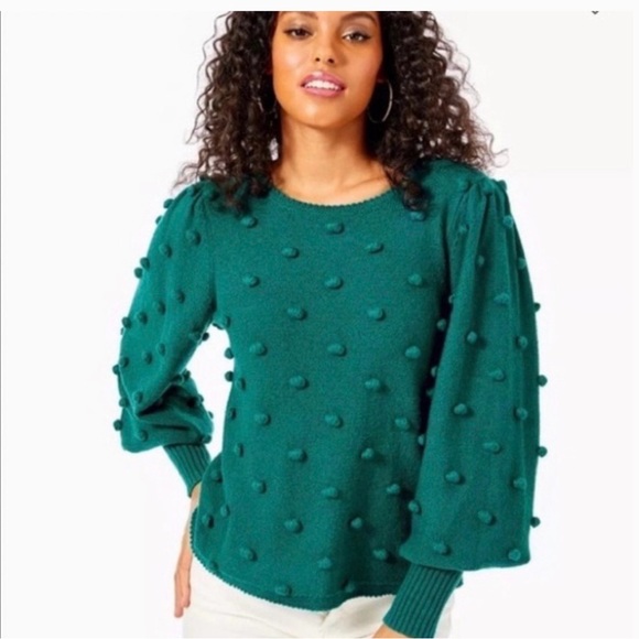 EUC Lilly Pulitzer Kipp’s Puff Blouson Sleeve Pom-Pom Sweater, “Spruce Green” - Picture 3 of 12